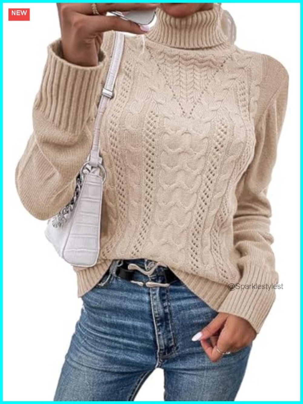 Cable Knit Turtleneck Pullover Sweater Slim Fit Long Sleeve